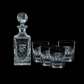 Crystal Medallion Decanter and 4 On The Rocks Glasses